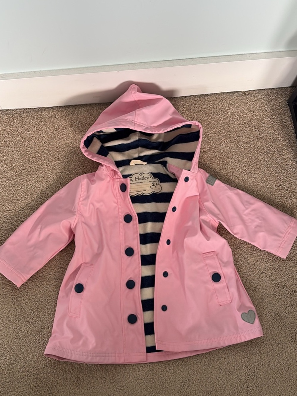 Hatley Girls Pink & Navy Button-Up Rain Jacket | Size 2Y